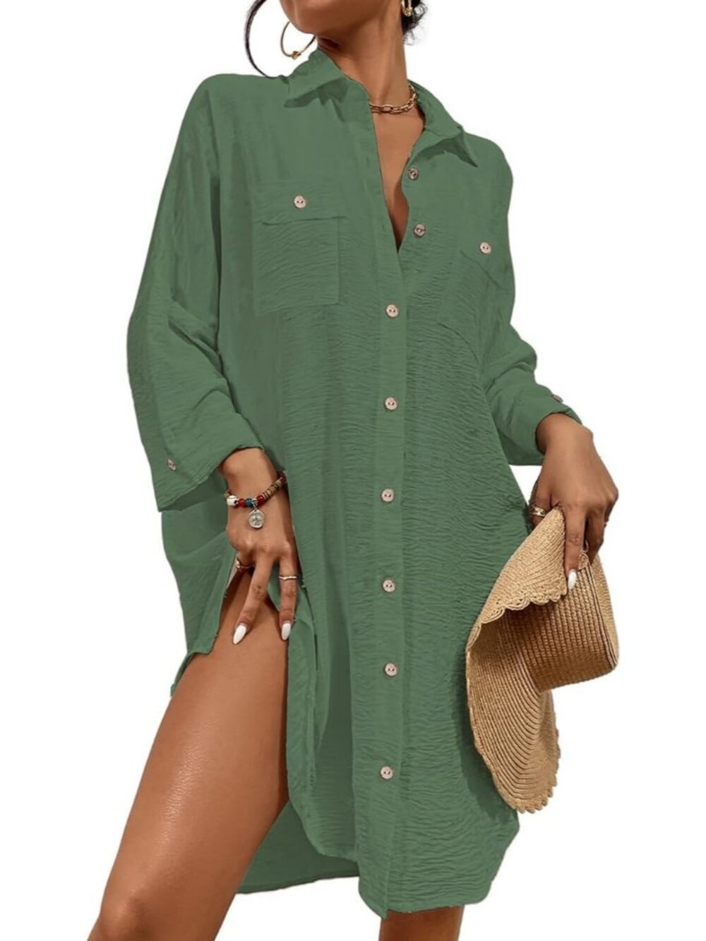Women's Grass Green Polyester Button Down Shirt Cover Up Beach Swimsuit Cover Up